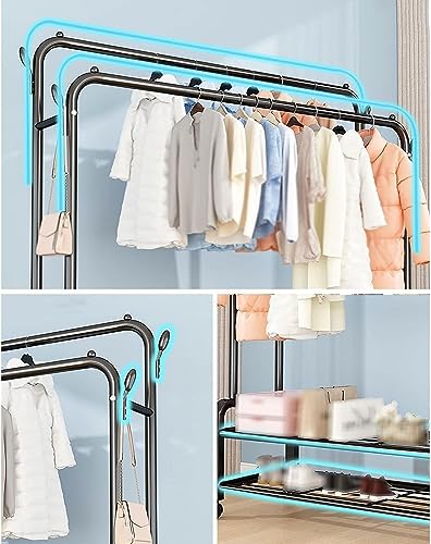 Image of HomeCloud Cloth Drying Stand | Multipurpose Dual Rod + Wheels Garments Rack with Bottom Shelf for Coat Hanger Home, Storage Organizer 1pc (Black Shelves)