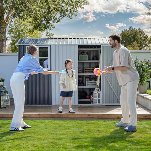 Image of DWVO 8x6ft Large Tool Storage Shed with Window, Lockable Doors, and Sloped Roof, Oversized Steel Outdoor Storage Shed for Garden, Patio, Garage, Backyard, Lawn - Gray & White