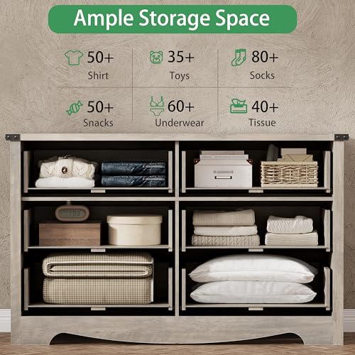 Image of Dresser for Bedroom with 6 Drawers, 54 inch Wide Wood Chest of Drawers with Deep Drawers & Mental Handle, Modern Dresser TV Stand, Wooden Closet Storage Organizer for Living Room, Hallway, Entryway, Grey