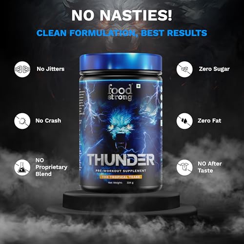 Image of Foodstrong Thunder Pre-Workout Supplement | Energy, Pump, Focus & Strength | Tropical Tease Flavour | 60 Servings | 324 g
