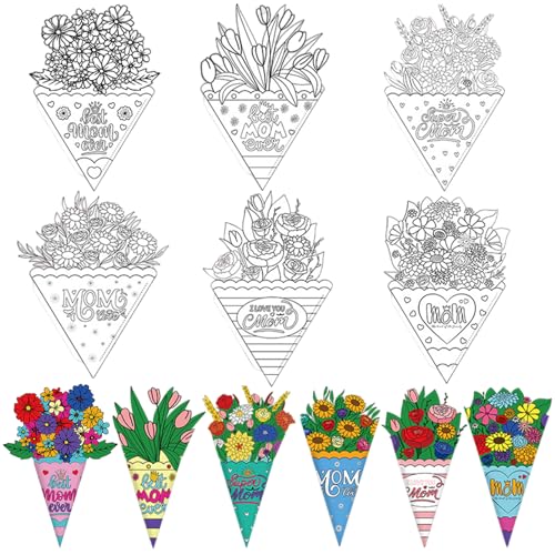 Ncozwo 6 Pcs Best Mom Mother's Day Bouquet Crafts Kit Color Your Own Mother's Day Bouquet DIY Flower Card Paper Arts Crafts Ornament Favors for Mom Fun Home School Activities