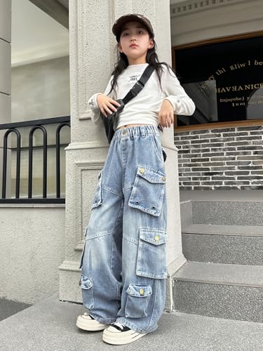 Image of Rolanko Girls Cargo Pants Baggy Y2K Cargo Trousers Jeans Wide Leg Pants with Multi Pockets 4-15 Years