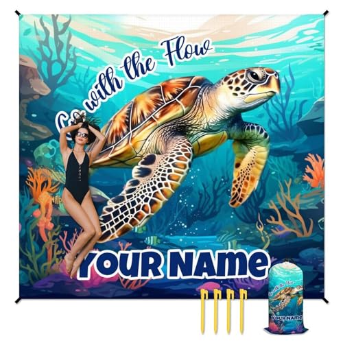 Beach Blanket - Turtle Beach Mat Sand Free Waterproof - 9.2ft x 9.8ft Oversized Beach Blanket with 4 Corner Pockets & Stakes - Custom Picnic Blankets with Portable Bag - Summer Essentials for Travel