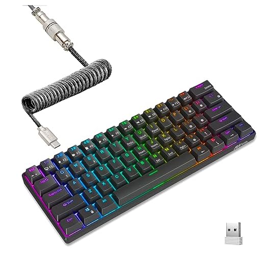 RK61 60% RGB Mechanical Gaming Keyboard Small Compact 61 Keys Wired/Wireless Bluetooth Mini Portable Keyboard Gaming/Office for iOS Android Windows and Mac Gateron Blue Switch 1450mAh Battery Black