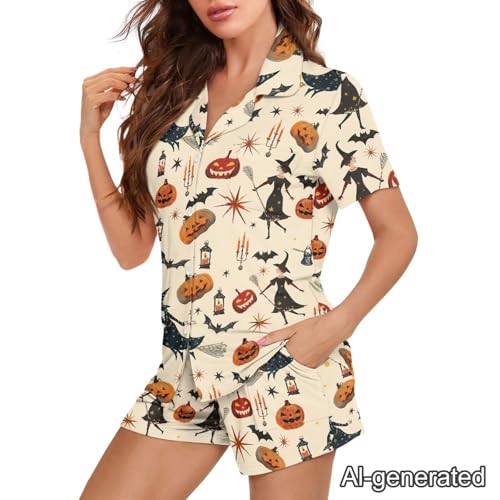 Image of Renewold Women's Short Sleeve Pajama Set Button Down Sleepwear with Notch Collar Soft Lounge Top and Shorts with Pockets