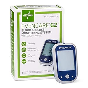 Medline EvenCare G2 Blood Glucose Monitoring Meter, Self-Testing Diabetic Care, 6 Sec Results, Batteries, Guide, Carrying Case, Logbook, Voice Assistance
