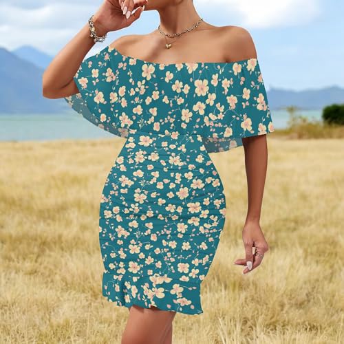 Image of PinkPatty Summer Mini Dress for Women Off Shoulder Ruffled Bodycon Dresses Short Beach Sundress