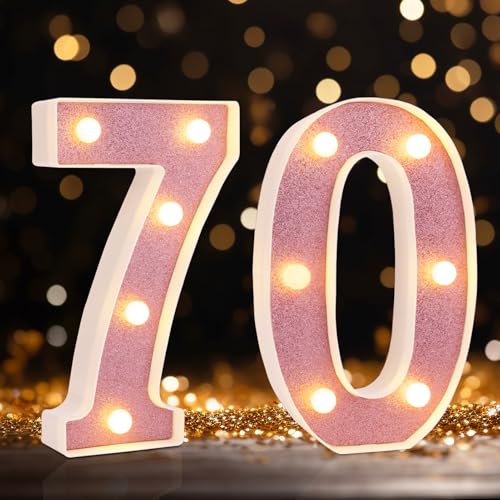 Image of Led Light Up Numbers, 70th Birthday Decorations, Marquee Numbers Lights, Battery Powered Light Up Sign for 30 Decor Party (Pink Glitter)