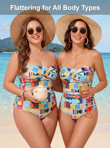 Image of Smismivo Tummy Control Swimwear Strapless One Piece Swimsuit Ruched Bathing Suits for Women Slimming Bandeau Tube Top Bikini