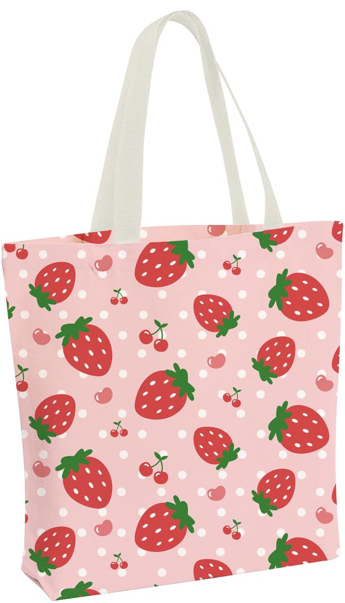 HIYAGON Cow Tote Bag Tote Bags for Women Travel Reusable Grocery Shopping Shoulder Go-to Everyday Bag for Work University Handbag(Strawberry)
