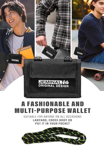 JEMINAL Lanyard Trifold Wallet for Men Nylon Wallet with Multiple Card Slots and ID Window Black3