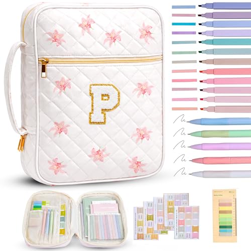 Tanolix Bible Bag for Women, Bible Cover Case with Study Supplies, Initials Personalized Quilted Bible Bag, Large Chenille Bible Cover – Christian Gift for Girls (Pink Lilies-P)