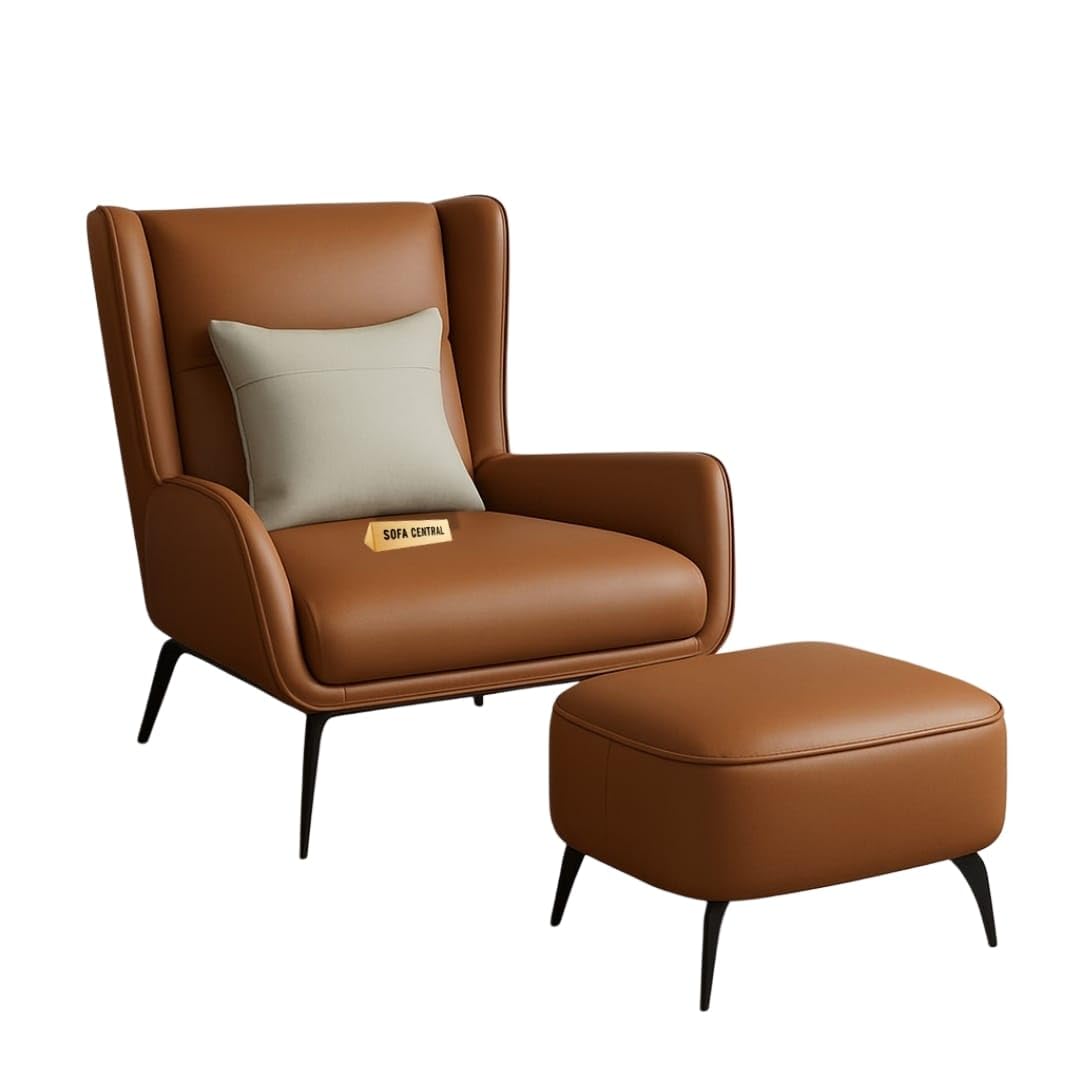 Sofas Central Luxury Imperia Collection Modern Accent Chair with Pillow Upholstered Armchair for Living Room, Bedroom & Office Comfortable Lounge Reading Chair (1 Chair + 1 Footstool, Tan Colour)