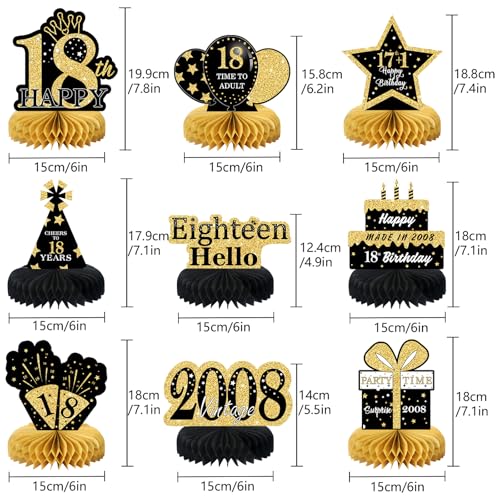 Image of 9Pcs Black Gold 18th Birthday Decorations Honeycomb Centerpieces for Boys Girls,Happy 18th Birthday Centerpieces Tables Toppers Party Decorations Supplies,Vintage 2008 Aged Table Sign Decor