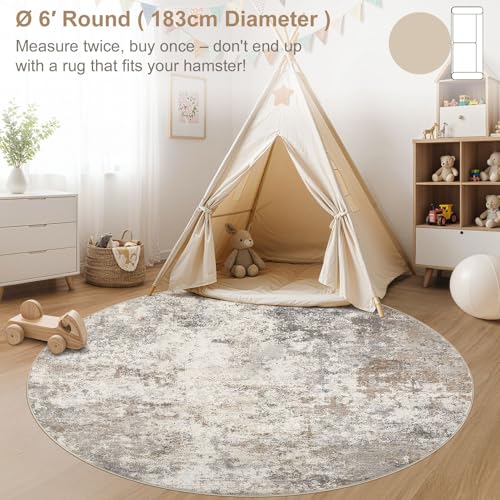 6ft Round Area Rug Living Room Rugs - 6x6 Washable Neutral Modern Abstract Soft Thin Rug Indoor Floor No Slip Rug Carpet for Bedroom Under Dining Table Home Office Decor - Brown Grey