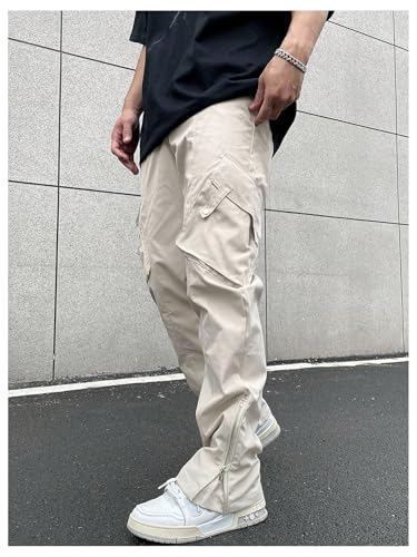 OYOANGLE Men's Drawstring Elastic Waist Side Slit Cargo Pants Straight Leg Flap Pockets Casual Hiking Trousers3