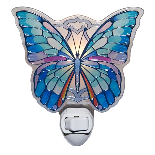 Image of Butterfly Night Light - Stained Glass Styled Plug-in Wall Light for Vertical Outlets - Real Glass, Warm Glow for Bedroom, Bathroom, Hallway - Gift for Butterfly Lovers