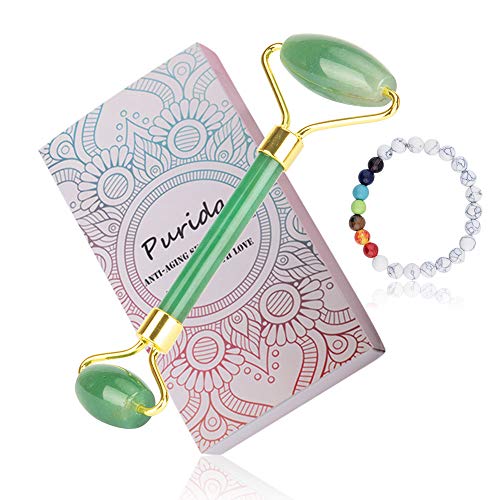Purida Jade Roller for Face - Anti Aging Wrinkle, Depuffing and Dark Circles Roller Massager for Face and Eye, 100% Natural Jade, 7 Chakra Bead Bracelets Inside as Bonus