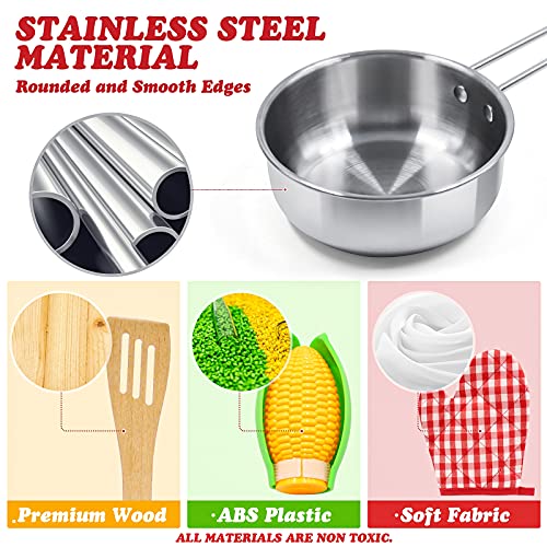 Kids Pretend Play Kitchen Toys Accessories Set, 32 Items Stainless Steel Toy Pots And Pans Sets W/ Rack Organizer, Metal Cooking Utensils & Holder, Apron Play Food Basket For Kids Girls Boys Toddlers #TOP4