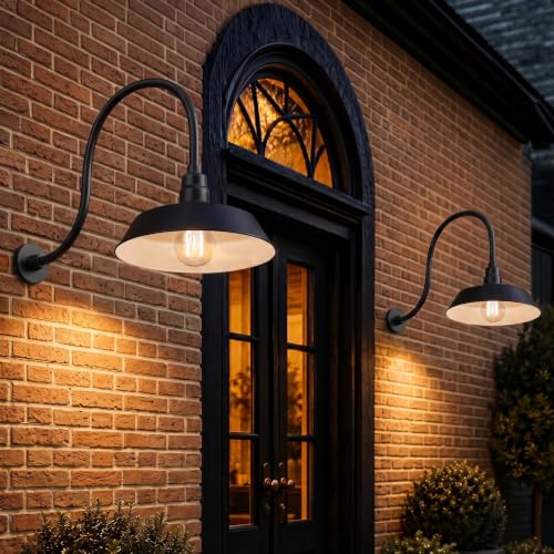 Image of 14in. Satin Black Outdoor Gooseneck Barn Light Fixture With 24in. Long Extension Arm - Wall Sconce Farmhouse, Antique Style - UL Listed - 9W 900lm A19 LED Bulb (5000K Cool White) - 2-Pack
