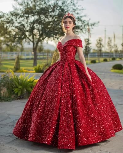 Women's Sparkly Sequin Quinceanera Dresses Off Shoulder Long Ball Gown for Birthday Party Pleated Sweet 16 Dresses2