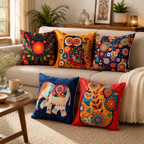 Best Navratri Home Decoration Items (2026) 94 Amazon Brand - Umi Decorative Satin Sofa Cushion Covers Set of 5,...