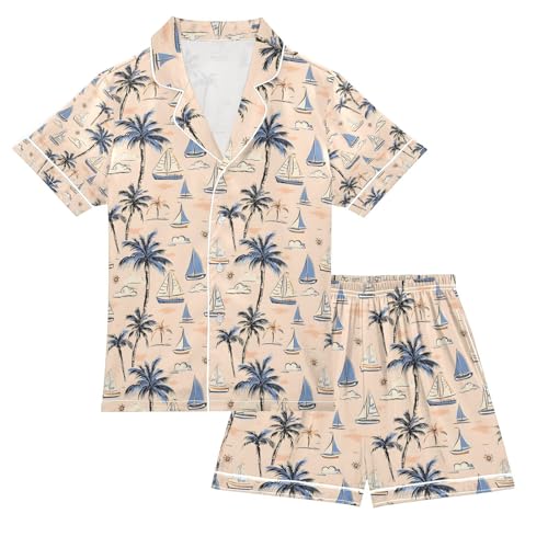 senya Palm Tree Sailboat Cloud A Satin Summer Pajama Sets Silk Short Sleeve Button Down Sleepwear