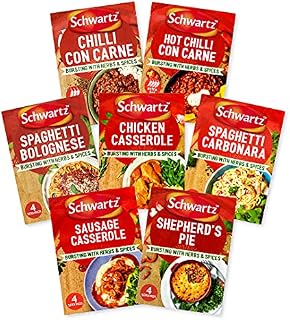Schwartz Meals for the Week Bundle 41 G | Serves 4 | Pack of 7 | Spaghetti Bolognese | Spaghetti Carbonara | Sausage Casserole | Shepherd's Pie | Chicken Casserole | Chilli Con Carne + (Hot)