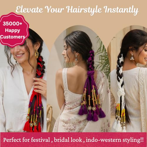 Image of Zippy Flora Neelima Cotton Parandi (Purple) | Traditional Boho Handmade Paranda Hair Accessory with Braid Tassels | Women's Ethnic Hair Extension for Choti, Braids & Patiala Shahi Hairstyles