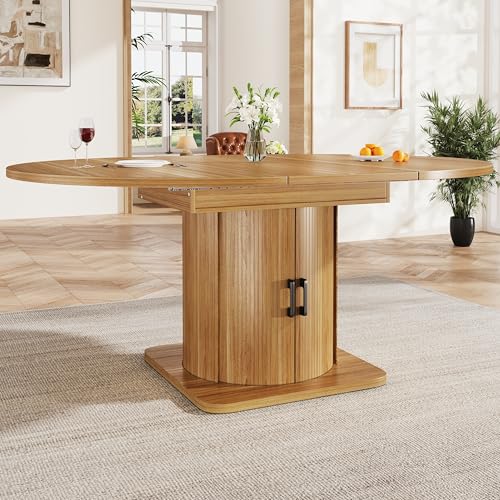 DACHETOU Mesa de comedor extensible redonda ovalada con cajones, 118-158 cm, para hasta 6 personas, color marrón oscuro