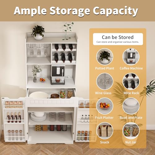 Image of 70 inch Tall Kitchen Pantry Cabinet with Charging Station & Drawer,Farmhouse Modern Wood Small Storage Cabinets w /Wide Tabletop,Wine Rack & 6 Door Shelves,for Small Kitchen,Living & Dining Room,White