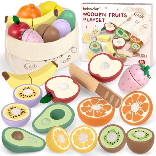 Image of Beberolen Wooden Play Food for Toddler 3-5 Toy Food Pretend Play Cutting Fruits for Kids Kitchen Accessories Birthday Gift for 3 Year Old Girl Boy Age 4 5 6 Wood Educational Toys