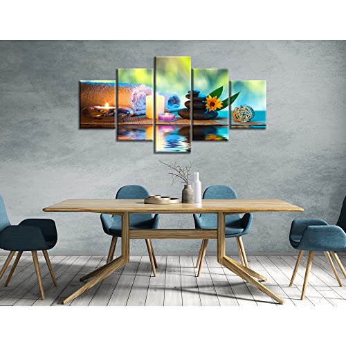 Zen Wall Art Canvas Printed Spa Still Life Wall Decor Candles Towels Pictures Zen Stones Posters Bathroom Painting Framed For Beauty Salon Decoration 5 Panels Ready To Hang(60''Wx32''H) #TOP1