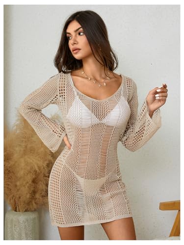 Image of Floerns Women's Crochet Cover Up Long Sleeve Hollow Out Bikini Swimsuit Beach Cover Up Swimwear