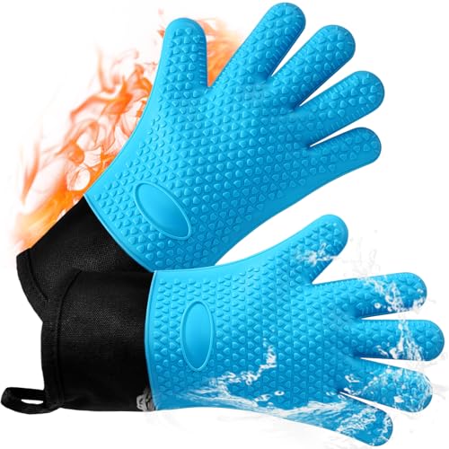 AMFUN Guantes para Horno, Resistentes Al Calor De 240°c, Antideslizantes Guantes Horno Silicona con Forro Interior de algodón Suave, Guantes de Cocina Resistentes al Calor- Extendido (Azul