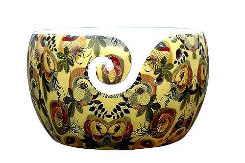 Image of Multi Purpose Wooden Yarn Bowl - Yarn Holder Rosewood - Knitting Bowl Handmade Wooden Yarn Bowl for Knitting and Crochet | Large Knitting Bowl Mother's Day Gift (Yellow Design)