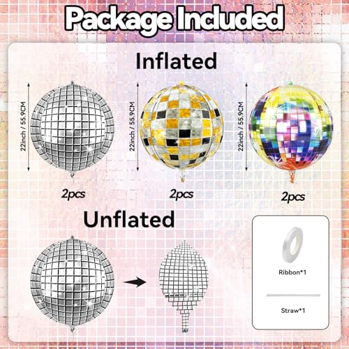 Image of 6pcs 22 Inch Colorful Disco Ball Balloons, Silver Big Disco Balloons, Pink Multicolor 4d Large Foil Balloon For Birthday Baby Shower 70s 80s 90s Theme Party Wedding Engagement New Year Decorations