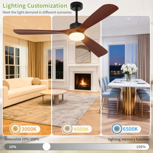 Image of 60 Inch Ceiling Fans with Lights and Remote Control, Walnut Ceiling Fan with Light for Bedroom, Living Room, Covered Outdoor, 6 Speeds Reversible Noiseless DC Motor, 3CCT, Dimmable LED Light