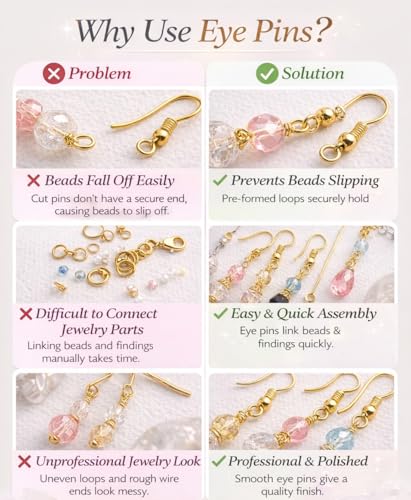 Image of Tia Crafts Eye Pins for Jewellery Making, Earrings & DIY Crafts | Metal Eye Pins with Loop for Beads & Charms | Pack of 300-150 Gold, 150 Silver (Gold & Silver Mix)