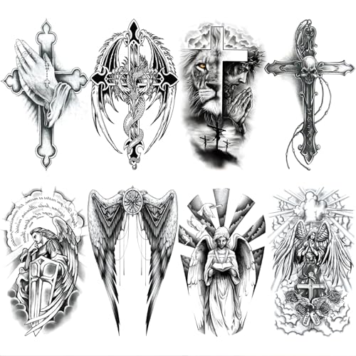 Realistic Cross Wing Temporary Tattoo for Men, Large Half Sleeve Black Religious Holy God Jesus Fake Tattoo Tribal Adult Teen, Christian Pray Hand Temp Tatoo Sticker Arm Chest Body Art Makeup, 8-Sheet