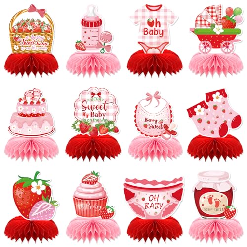 Image of Strawberry Baby Shower Decorations, 12PCS Berry Sweet Honeycomb Centerpieces Decoration A Berry Sweet Baby Is on the Way Party Table Decor Supplies