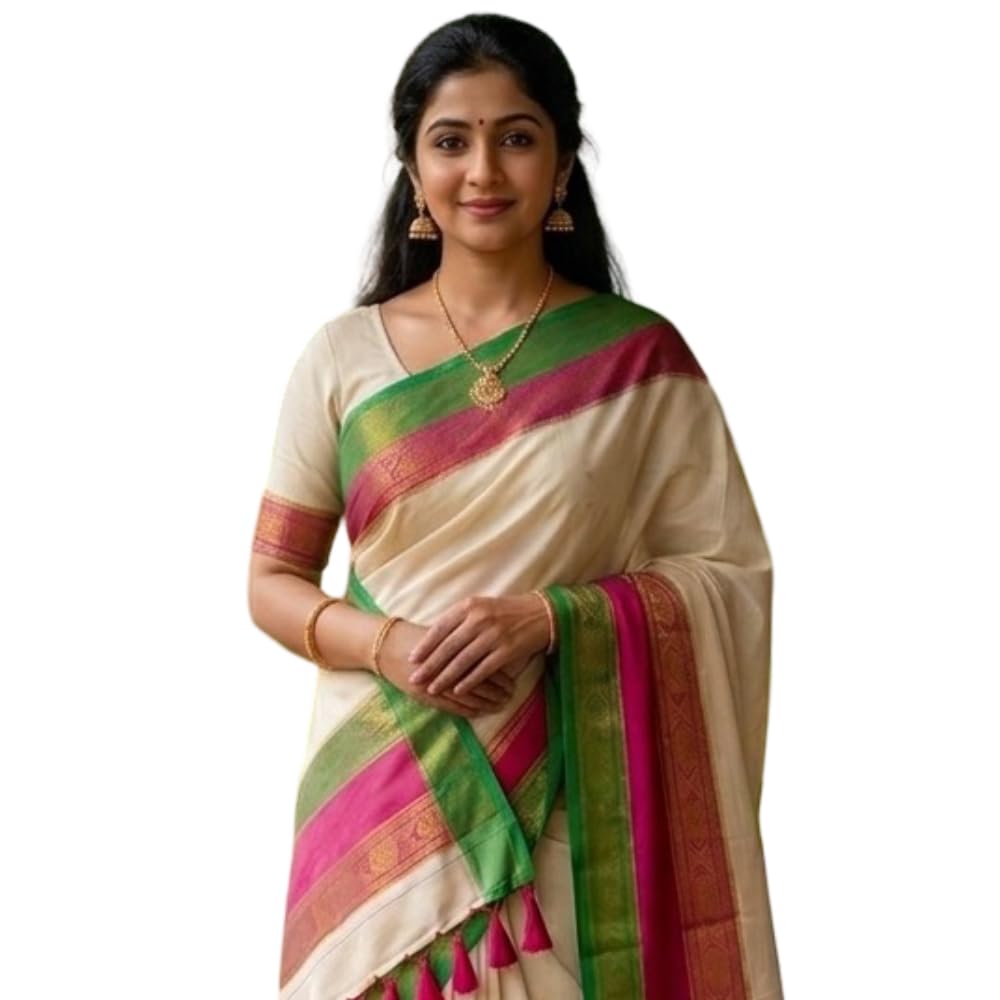 Mul Cotton Saree for Women with Blouse Piece | Off-White Solid Handloom Cotton Saree with Contrast Green Pink Zari Border | Traditional South Indian Onam Wear Saree-picture-21
