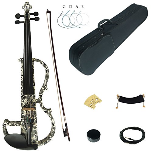 Image of Kinglos. Visual-Art Advanced Electric Violin 4 /4 Full Size Ebony Fittings | Incl. Case Bow Shoulder Rest Aux Cable Spare Bridge Strings - Solid Wood Orange Colored Silent Fiddle Kit for Adults Beginner