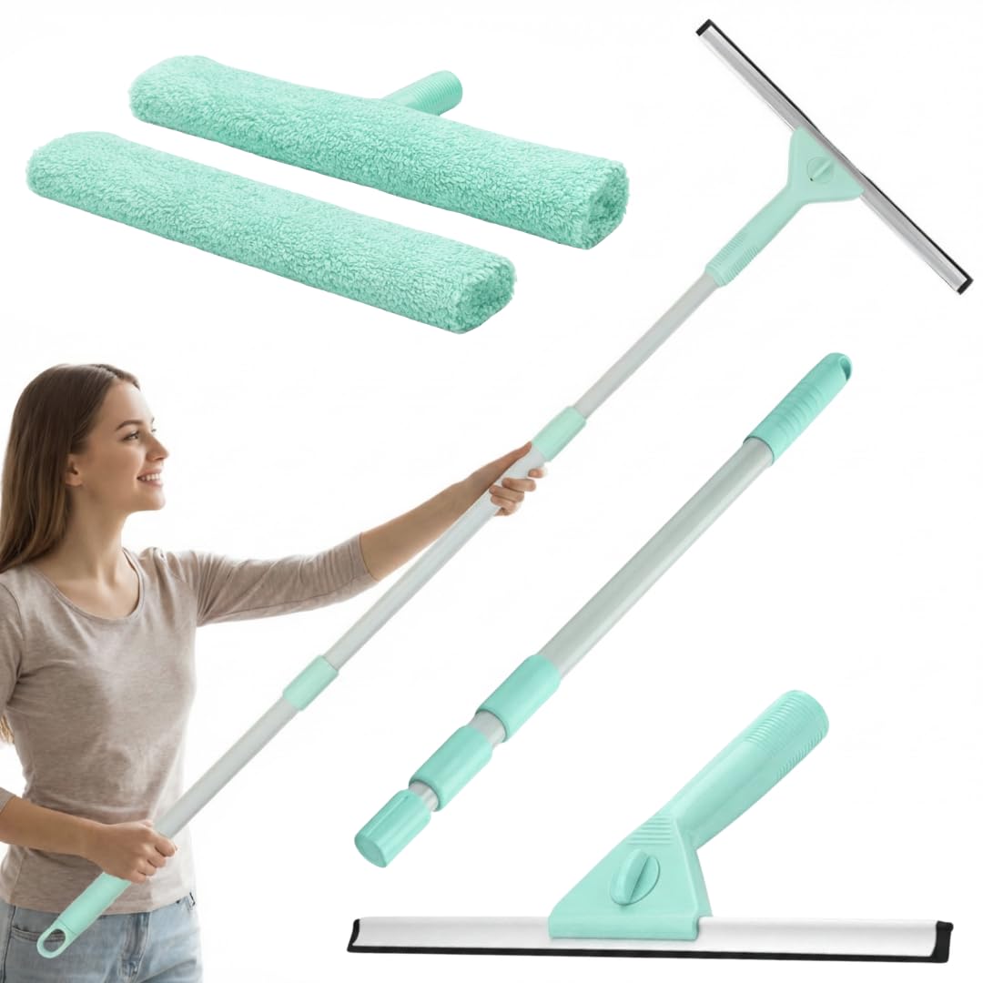 edihome, Lavavetri Telescopico Estensibile fino a 160 cm, Pulisci Vetri con 2 Teste e Panni in Microfibra, Tergivetro per Finestre, Doccia e Specchi, Uso Domestico (Set completo)