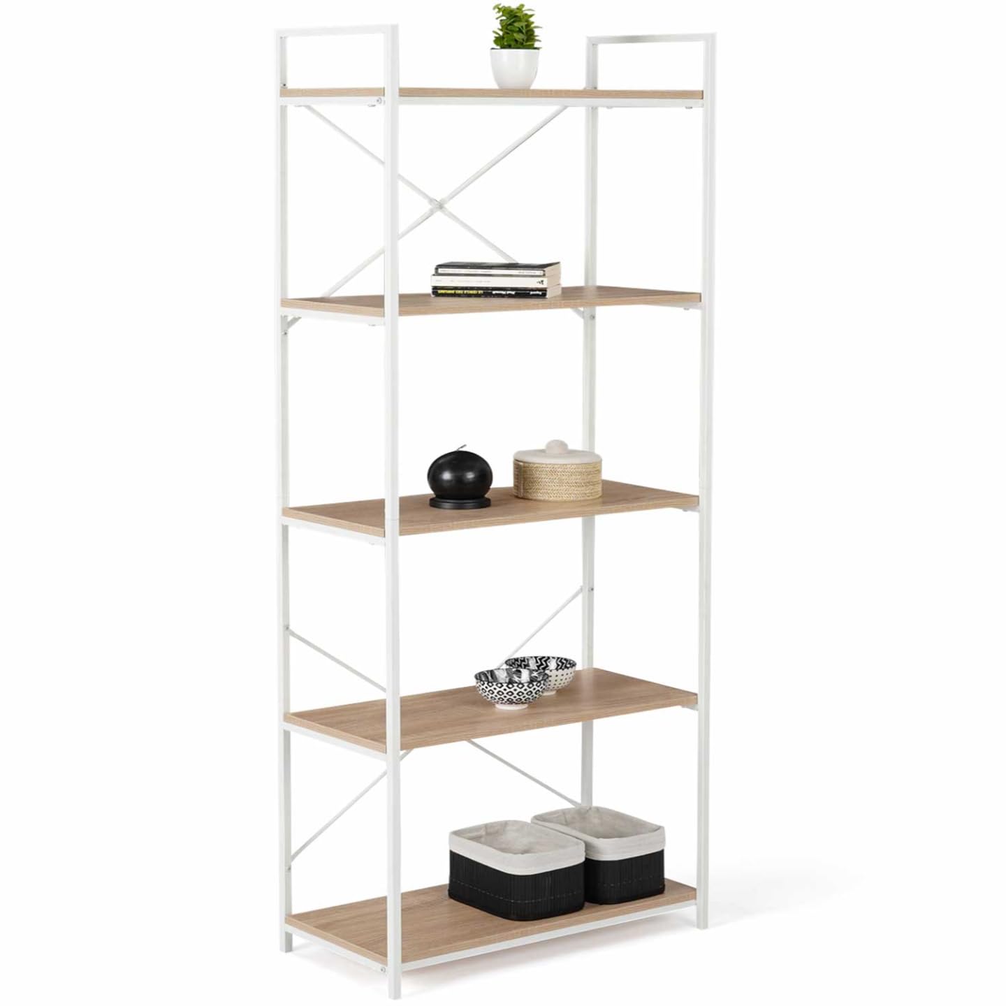 IDMarket - DETROIT Estantería de 5 niveles 170 cm diseño industrial madera y metal blanco