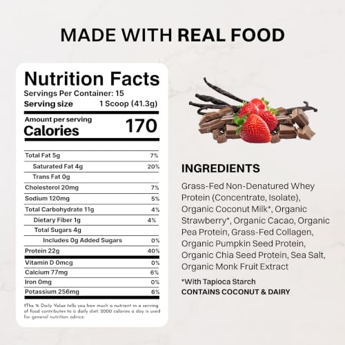 Image of JUST INGREDIENTS Neapolitan Protein Powder, 15 Servings, 22g Protein from 5 Sources, Certified Grassfed New Zealand and Irish Whey, Made with Real Food Ingredients, No Gums or Fillers, Keto Friendly