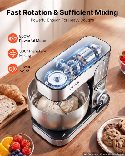 Image of VEVOR 7.4 Qt Tilt Head Stand Mixer 500W Electric Dough Mixer, 6 Speeds with Pulse Food Kitchen Mixer with Stainless Steel Bowl, Splash Guard, Dough Hook, Whisk, Beater, for Baking Mixing