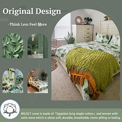 MILDLY 100% Long-Staple Cotton Duvet Cover Set King Size Green Palm Leaf Printed Luxury Comforter Cover Set Reversible Tropical Ultra Soft