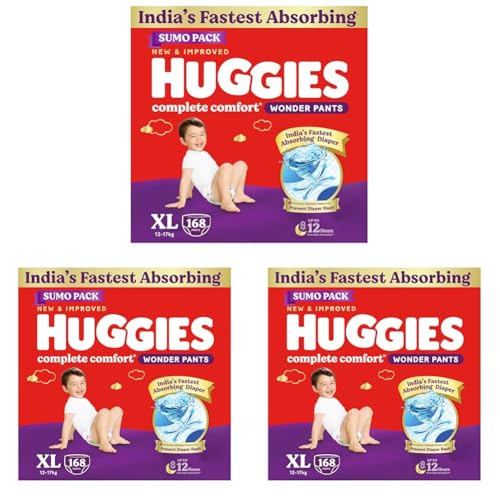 Image of Huggies Complete Comfort Wonder Pants | Pant Style Baby Diapers Extra Large Size (XL), 168 Count | India's Fastest Absorbing Diaper, Prevents Diaper Rash, Ideal for 12 to 17 Kgs (56 Count, Pack of 9)