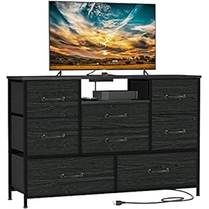 Furnulem Dresser TV Stand with Power Outlet for 55” Long TV, Entertainment Center with 8 Deep Drawers,Wide Chest of Drawer for Storage in Bedroom,Closet,Living Room,Hallway(Black Oak)